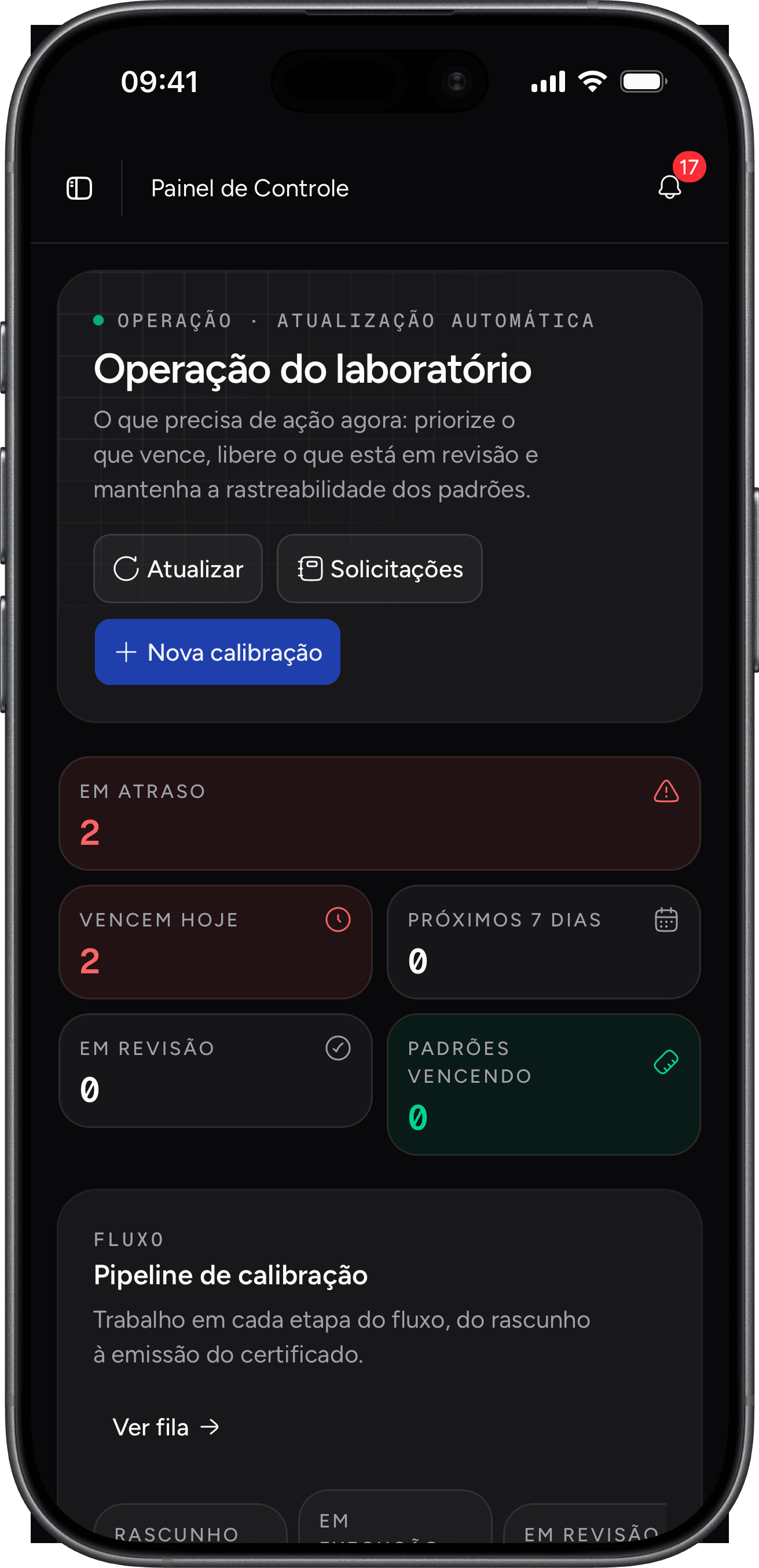 Painel do CalibraFácil no celular, com indicadores de calibração e fila de ordens de serviço.